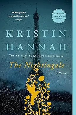 The nightingale novel by kristin hannah with a dark teal cover featuring the eiffel tower and golden birds amid foliage
