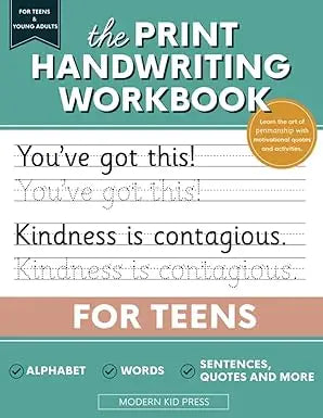The print handwriting workbook for teens features a teal cover with lined pages showcasing positive handwritten examples