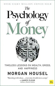 The psychology of money book cover features a black and white brain maze illustration on a white background