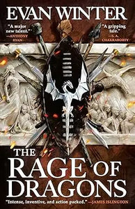 The rage of dragons book cover features a black and silver dragon shield with warriors in the background
