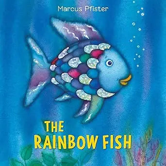 The rainbow fish features a colorful illustrated fish with a blue body and multicolored purple pink red green and white scales