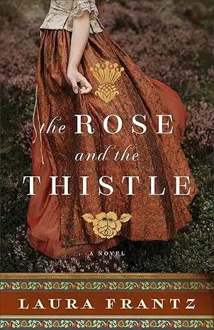 The rose and the thistle novel book cover with rust-colored velvet skirt featuring gold embroidery and floral motifs