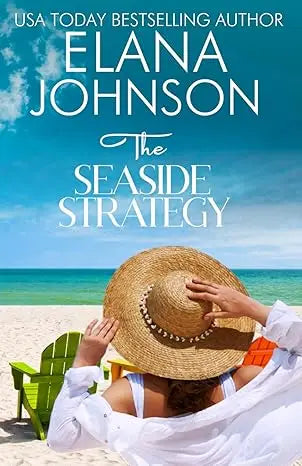 A woman wearing a wide-brimmed straw hat with beaded band sits on beach for seaside strategy sweet romance book cover