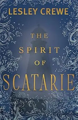 The spirit of scatarie book cover features a deep blue ornate design with silver filigree and a central lighthouse silhouette
