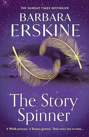 The story spinner by barbara erskine paperback book with deep purple cover and golden feathers against starry sky