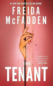 The tenant by freida mcfadden paperback book with a pink cover showing a hand gripping wooden slats and blood splatters