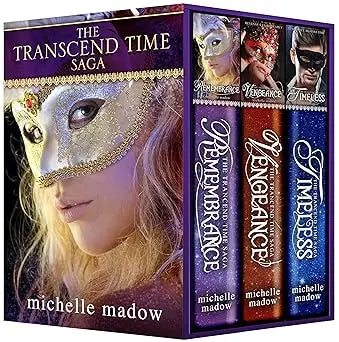 The transcend time saga boxed set by Michelle Madow features three books with ornate gold and silver mask covers