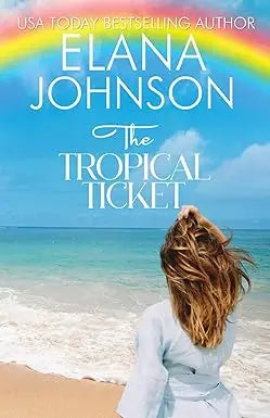The tropical ticket book cover features a woman with long brown hair on a sandy beach facing the ocean