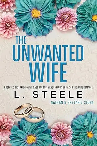 Two interlocking gold wedding bands resting on vibrant teal and pink flowers from the unwanted wife collection