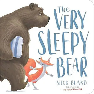 The very sleepy bear board book cover shows a brown bear with blue stripes and an orange fox in soft watercolor
