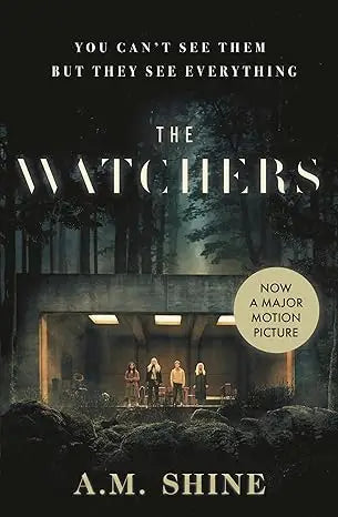 The watchers book cover shows five figures under a lit concrete building entrance in a dark forest scene for gothic horror novel