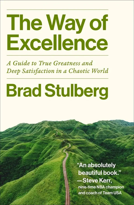 The way of excellence book cover features bold green text and an image of lush green hills with a winding path