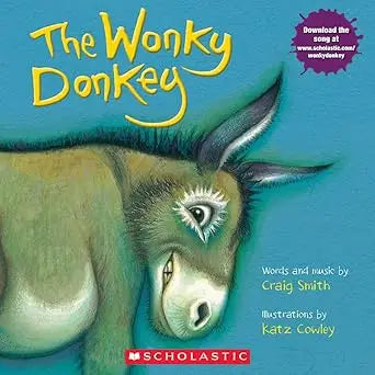 The wonky donkey children’s book cover features a cartoon donkey with greenish-gray fur and long black ears