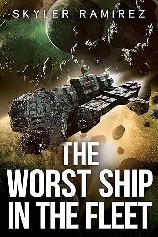 A dark angular spaceship with a rugged metallic surface floats among asteroids in the worst ship in the fleet book