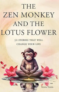 The zen monkey and the lotus flower book cover features a dark-furred monkey meditating among pink lotus flowers