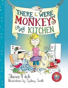 A whimsical children’s book cover with a yellow banner reading there were monkeys in my kitchen against a kitchen scene