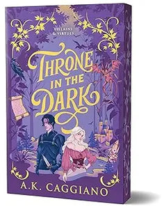 Purple deluxe edition novel throne in the dark with gold lettering and fantasy character illustrations on the cover
