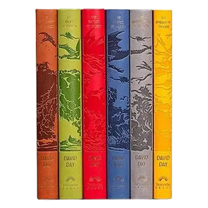 Tolkien boxed set of six hardcover books in vibrant colors with embossed dragon illustrations and david day printed on spines