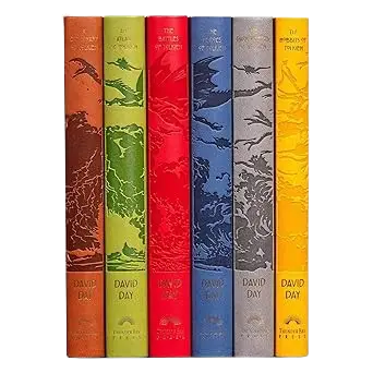 Tolkien boxed set of six hardcover books in vibrant colors with embossed dragon illustrations and david day printed on spines