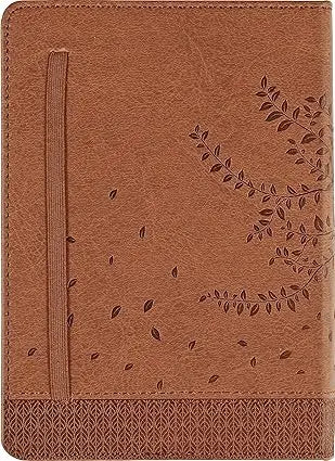 Brown leather-bound vegan leather journal with embossed tree design and patterned border tree of life artisan notebook
