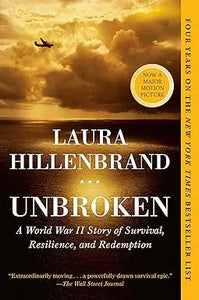 The cover of laura hillenbrands book unbroken features bold white text on a golden orange sky with clouds and an airplane