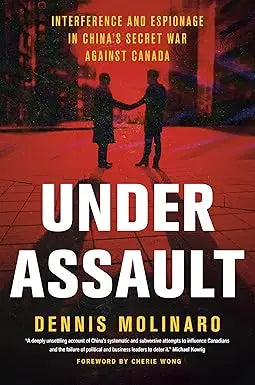 The book cover of under assault shows bold white text with two silhouetted figures shaking hands under an orange-red glow