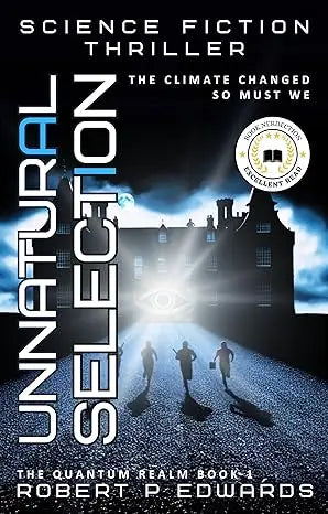 The book cover of unnatural selection features conjunction selection title in blue and white over dark figures and stormy sky