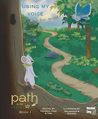 A white mouse with a yellow scarf stands on a tree trunk looking toward a winding path for using my voice for good