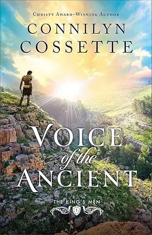 The book cover of voice of the ancient by christy award-winning author connelly cossette shows a man on rocky terrain under a sunburst