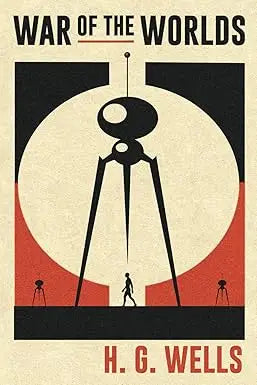 Black tripod-shaped alien figure with round head and three legs on cream background with red accents in war of the worlds by h g wells