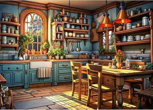 Warm kitchen puzzles for adults 1000 pieces featuring teal wooden cabinets and rustic wood countertops in a jigsaw design