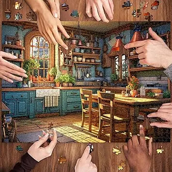Warm kitchen puzzles for adults 1000 pieces featuring teal wooden cabinets and rustic wood countertops in a jigsaw design