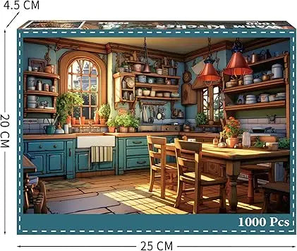 Warm kitchen puzzles for adults 1000 pieces featuring teal wooden cabinets and rustic wood countertops in a jigsaw design