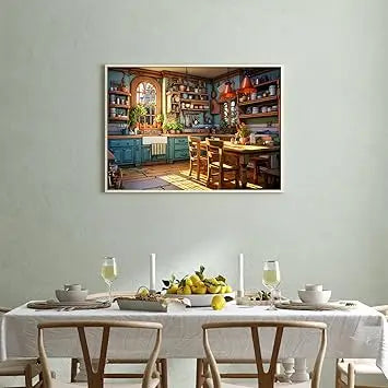Warm kitchen puzzles for adults 1000 pieces featuring teal wooden cabinets and rustic wood countertops in a jigsaw design