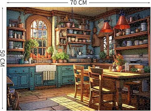 Warm kitchen puzzles for adults 1000 pieces featuring teal wooden cabinets and rustic wood countertops in a jigsaw design