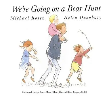 The cover of the children’s book we’re going on a bear hunt by michael rosen and helen oxenbury showing four children in motion