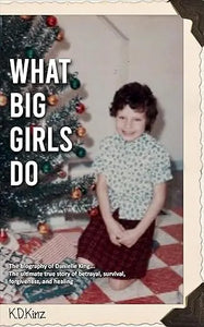 Vintage-style book cover of what big girls do featuring a girl in floral blouse and red plaid skirt by christmas tree