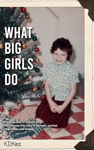 Vintage-style book cover of what big girls do featuring a girl in floral blouse and red plaid skirt by christmas tree