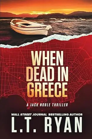 The book cover of When Dead in Greece shows a white rowboat on dark water under an orange sunset with bold gold and white title