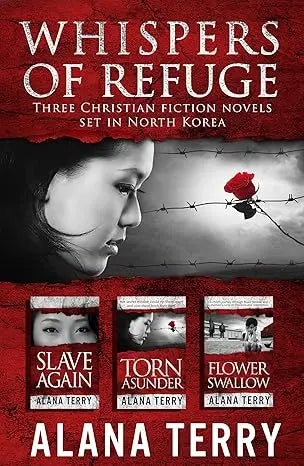 Red book cover of whispers of refuge box set featuring a black and white portrait with barbed wire and a red rose