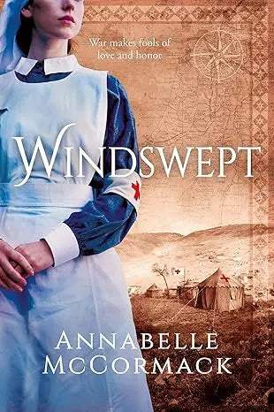 Book cover of Windswept featuring a woman in a white and blue nurse uniform with tents and a map in the background