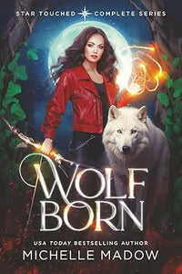 Woman wearing red leather jacket standing beside a white wolf with magical energy in wolf born the complete series background