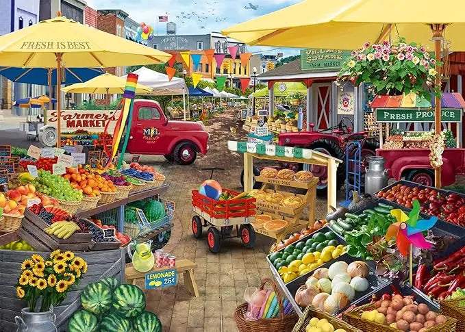 Red vintage pickup truck with m.l. featured on wonder forge farmer´s market day 1000 piece jigsaw puzzle for adults