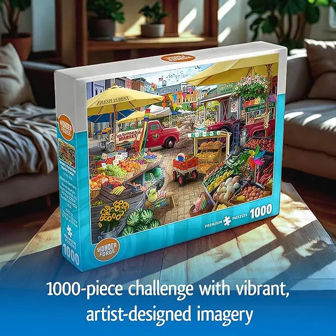 Red vintage pickup truck with m.l. featured on wonder forge farmer´s market day 1000 piece jigsaw puzzle for adults