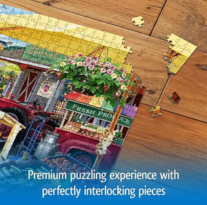 A vibrant yellow and red 1000 piece jigsaw puzzle of a bustling farm market scene by wonder forge for adults