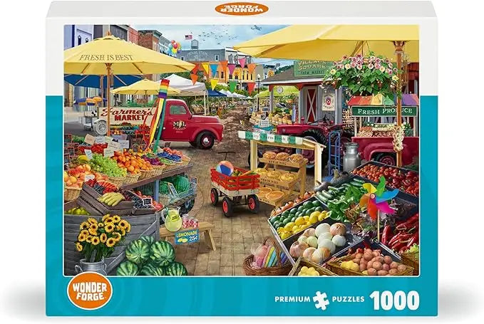 Red vintage pickup truck with m.l. featured on wonder forge farmer´s market day 1000 piece jigsaw puzzle for adults