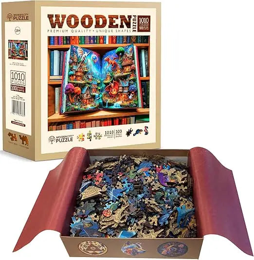 A vibrant 1000-piece wooden puzzle by wooden.city depicting a magical fantasy village with dragons and whimsical architecture