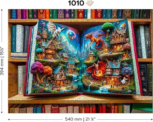 A vibrant 1000-piece wooden puzzle by wooden.city depicting a magical fantasy village with dragons and whimsical architecture
