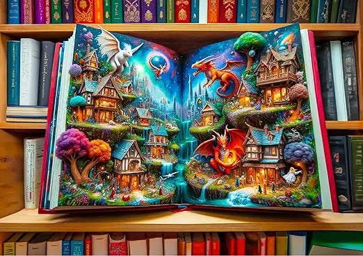 A vibrant 1000-piece wooden puzzle by wooden.city depicting a magical fantasy village with dragons and whimsical architecture
