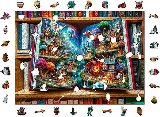 A vibrant 1000-piece wooden puzzle by wooden.city depicting a magical fantasy village with dragons and whimsical architecture